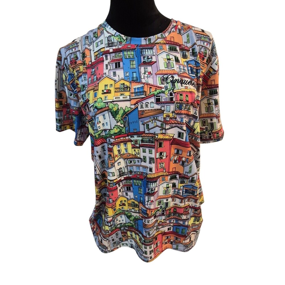 NWT La Davina Costiera XL Graphic Coastal Cinque Terre T Shirt Colorfil Artsy